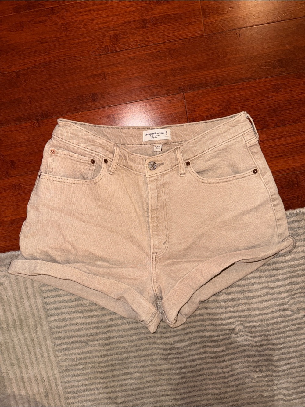 Abercrombie & Fitch Cream High-Waist Rolled-Hem Denim Shorts